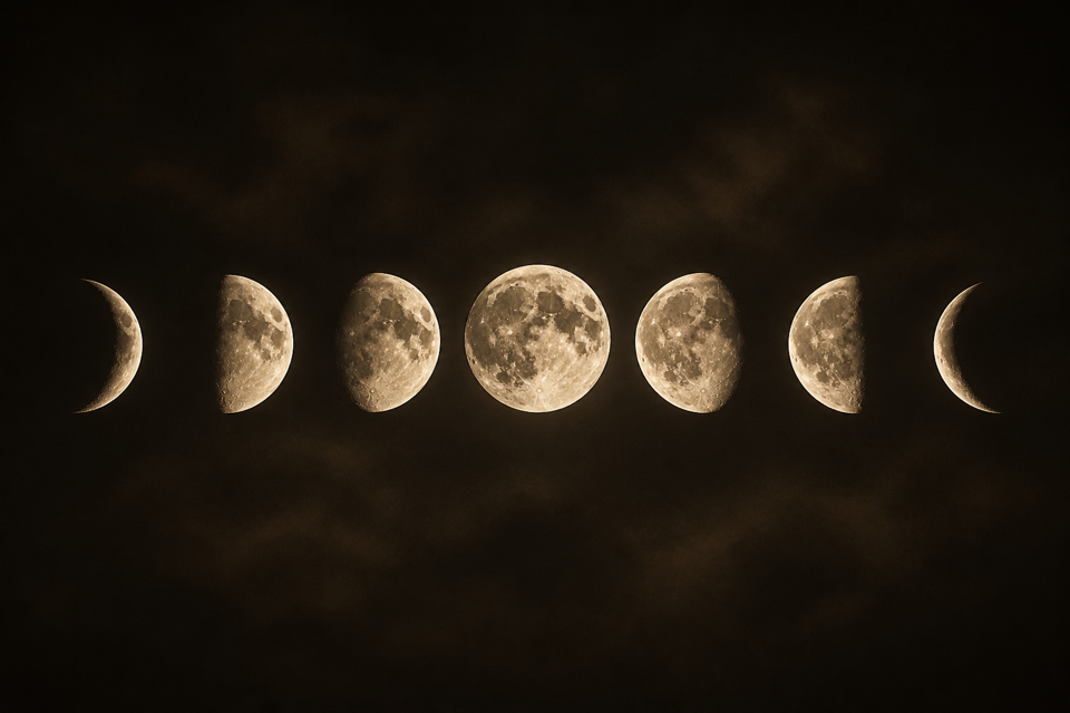 Moon phases in a night sky